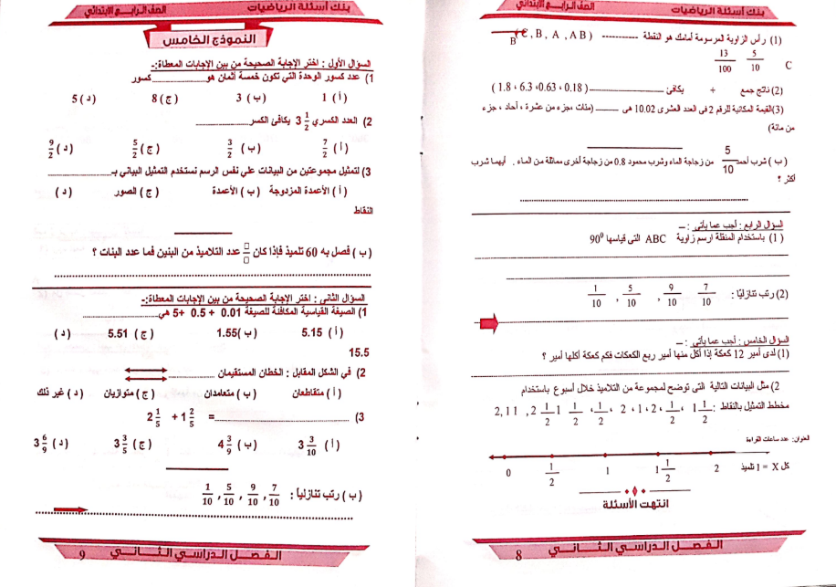 امتحانات الرياضيات للصف الرابع الابتدائي الترم الث